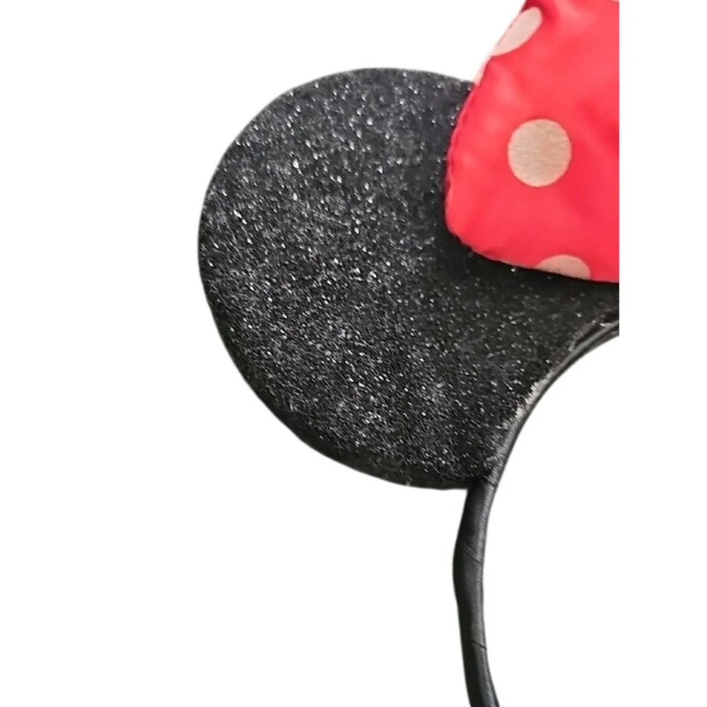 Disney Parks Minnie Mouse Polka Dot Glitter Ear Headband Red Black Flower O/S